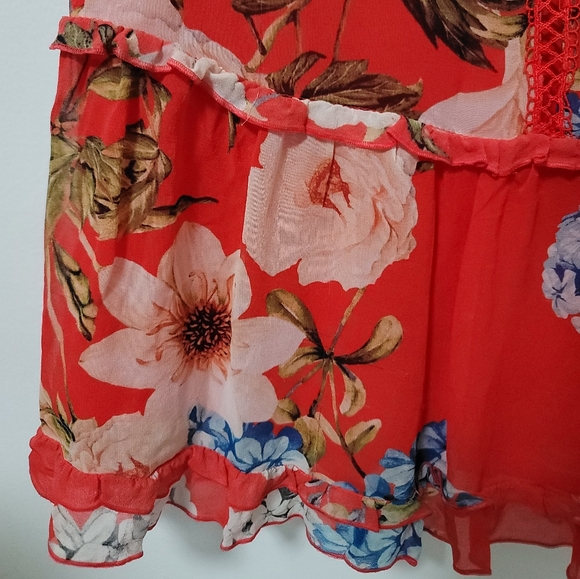 NICHOLAS X Revolve Red Floral Crochet Trimmed Silk Halter Mini Shift Dress Sz6 - Picture 8 of 16